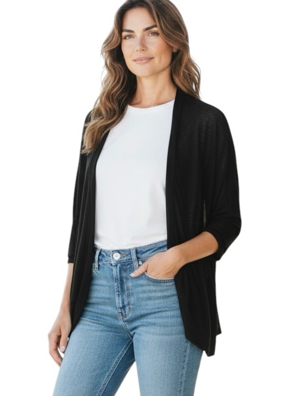 CULLEN OVERSIZED LINEN Open-Front Black Lightweight Cardigan Sweater S
